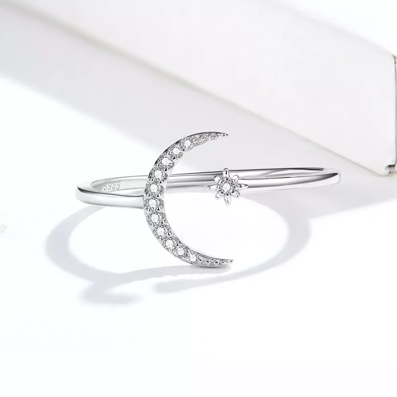 (imagen para) Anillo abierto de estilo Pandora con luna y estrella plateadas - SCR569 - Ver 4