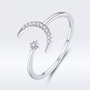 (imagen para) Anillo abierto de estilo Pandora con luna y estrella plateadas - SCR569