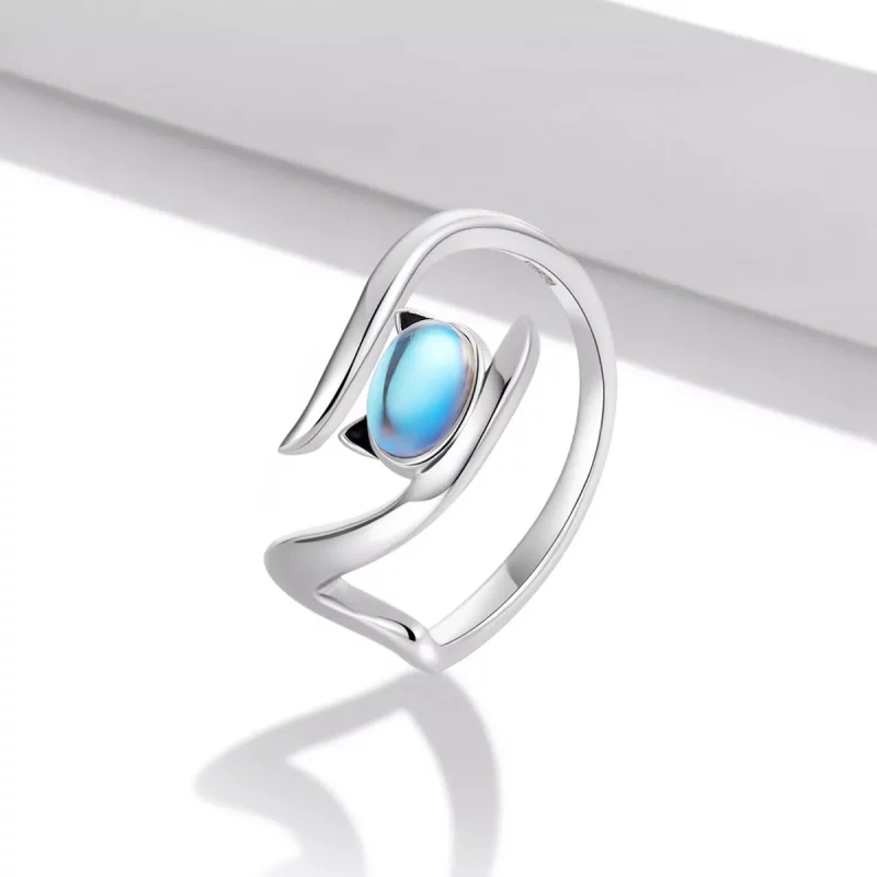(imagen para) Anillo abierto de estilo Pandora con piedra lunar en forma de gato - SCR783 - Ver 2
