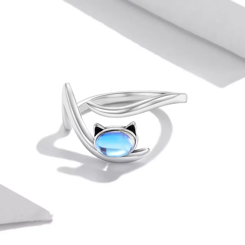 (imagen para) Anillo abierto de estilo Pandora con piedra lunar en forma de gato - SCR783 - Ver 3