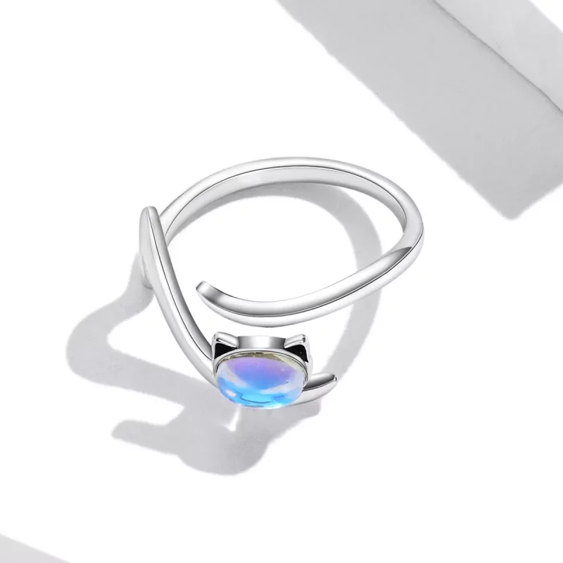 (imagen para) Anillo abierto de estilo Pandora con piedra lunar en forma de gato - SCR783 - Ver 4