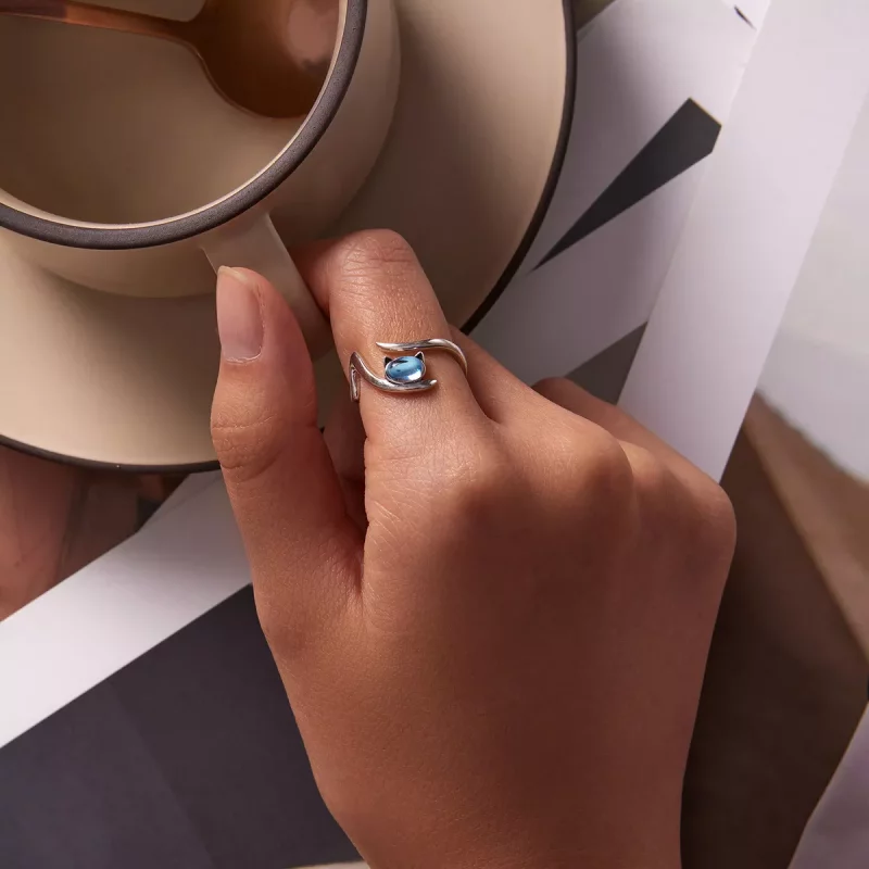 (imagen para) Anillo abierto de estilo Pandora con piedra lunar en forma de gato - SCR783 - Ver 5