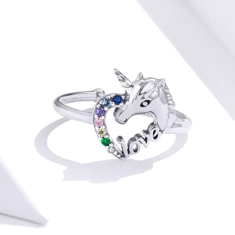 (imagen para) Anillo abierto de estilo Pandora con unicornio de ensueño - SCR644 - Ver 2