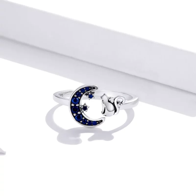 (imagen para) Anillo abierto de estilo Pandora en plata con luna y gato - SCR677 - Ver 2