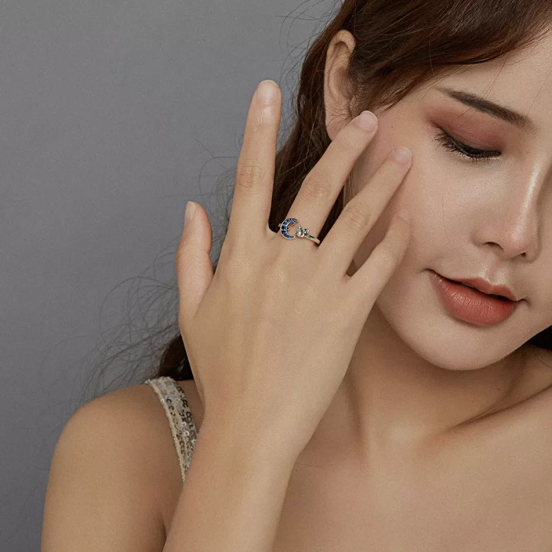 (imagen para) Anillo abierto de estilo Pandora en plata con luna y gato - SCR677 - Ver 6