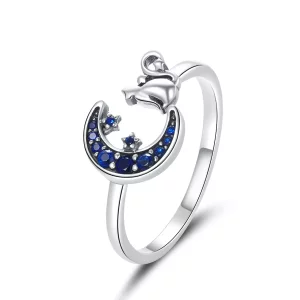 Anillo abierto de estilo Pandora en plata con luna y gato - SCR677 (imagen para) Anillo abierto de estilo Pandora en plata con luna y gato - SCR677