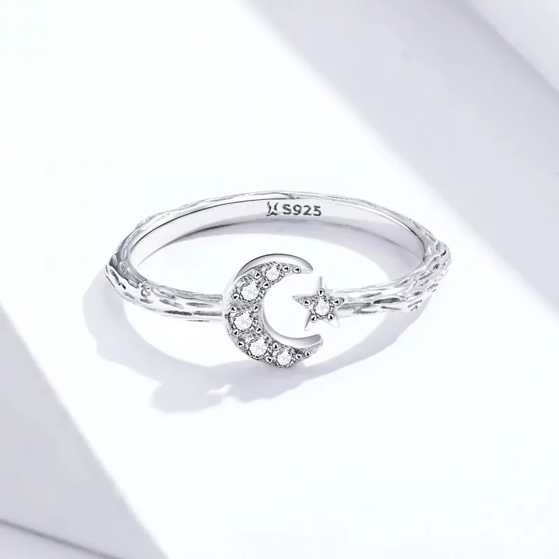 (imagen para) Anillo abierto de estilo Pandora plateado con estrellas y luna vintage - SCR638 - Ver 3