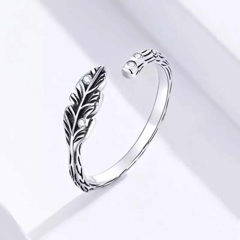 (imagen para) Anillo abierto de estilo Pandora plateado con hojas vintage - SCR639 - Ver 2