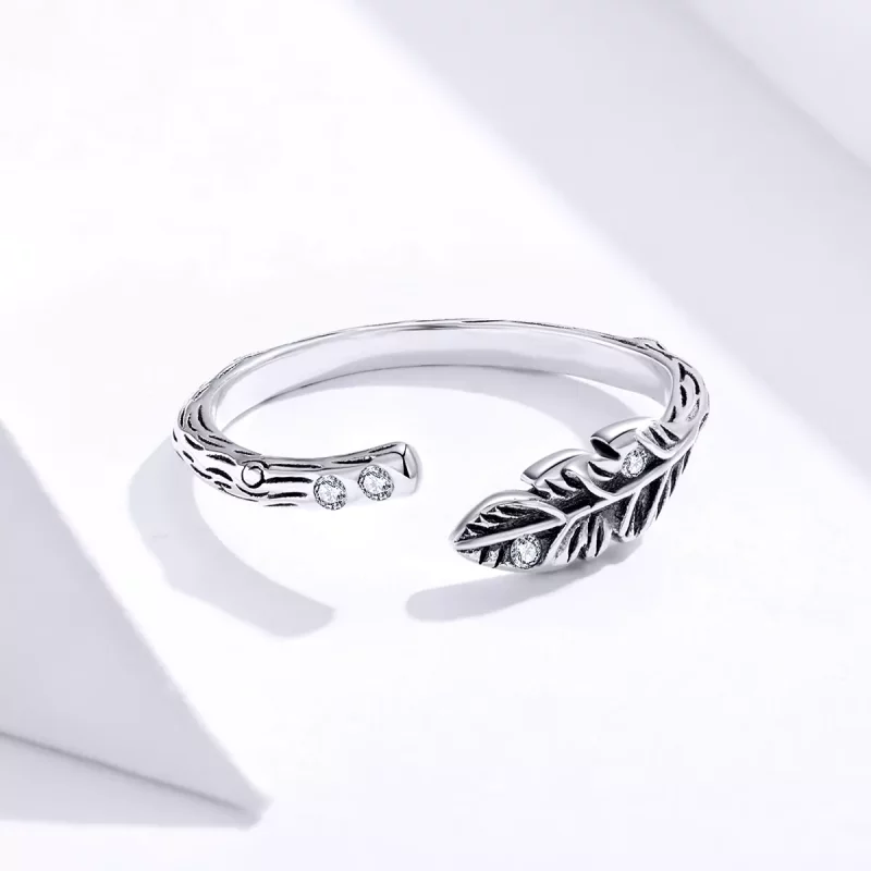 (imagen para) Anillo abierto de estilo Pandora plateado con hojas vintage - SCR639 - Ver 3