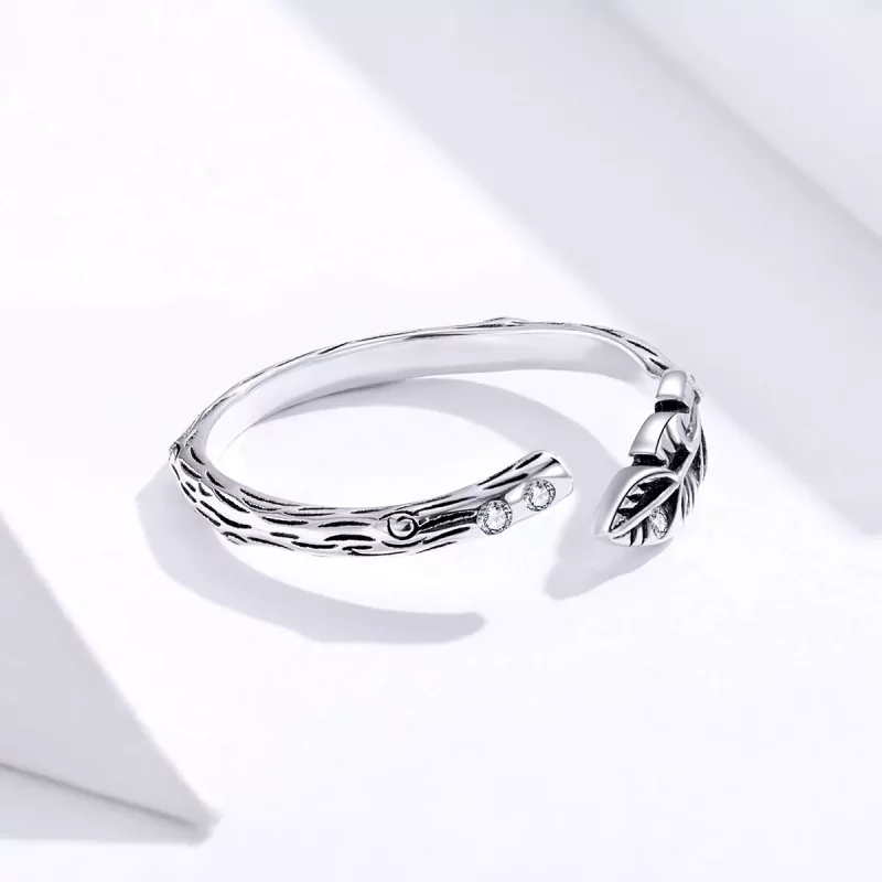 (imagen para) Anillo abierto de estilo Pandora plateado con hojas vintage - SCR639 - Ver 4