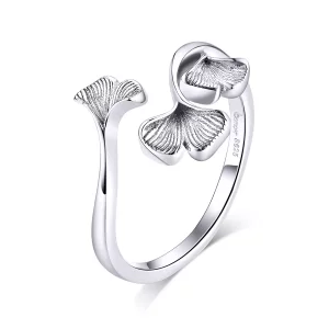 (imagen para) Anillo abierto de hoja de Ginkgo de plata estilo Pandora - BSR097