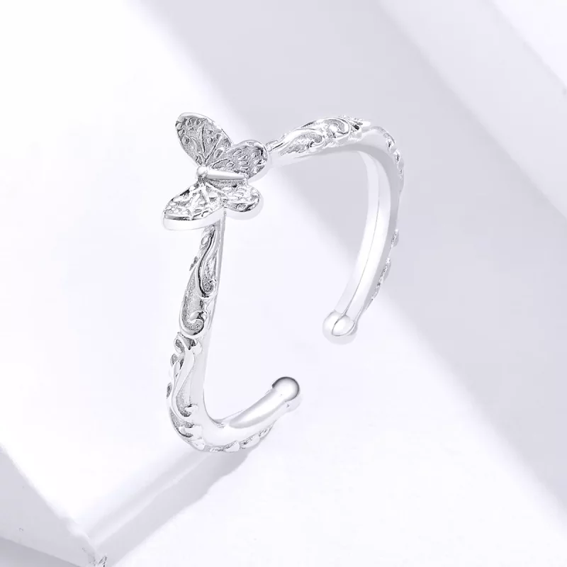 (imagen para) Anillo abierto de mariposa con patrón vintage en plata estilo Pandora - SCR634 - Ver 2