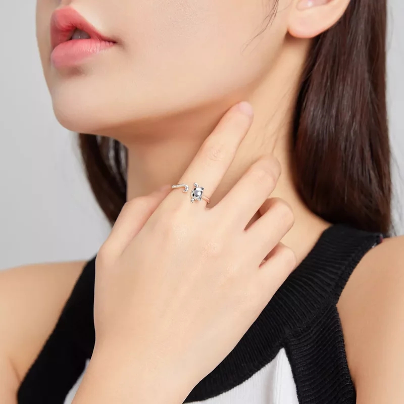 (imagen para) Anillo abierto de plata con estilo Pandora de gato lindo - SCR707 - Ver 6