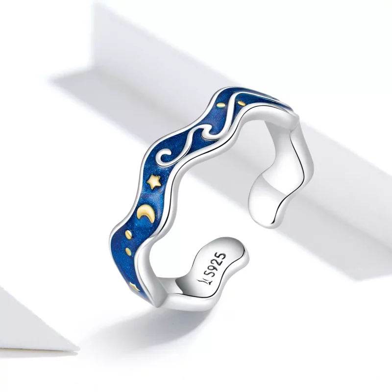 (imagen para) Anillo abierto de plata estilo Pandora con cielo estrellado de Van Gogh - SCR608 - Ver 2