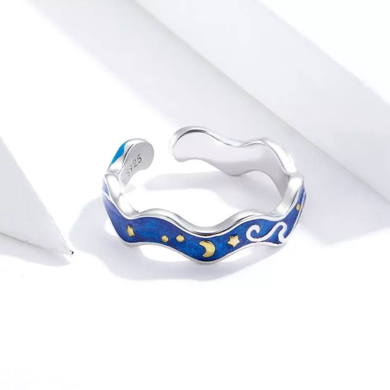 (imagen para) Anillo abierto de plata estilo Pandora con cielo estrellado de Van Gogh - SCR608 - Ver 3