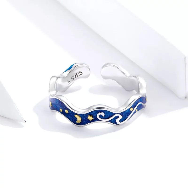 (imagen para) Anillo abierto de plata estilo Pandora con cielo estrellado de Van Gogh - SCR608 - Ver 4