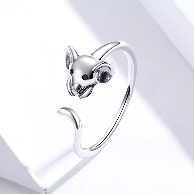 (imagen para) Anillo abierto de plata estilo Pandora con lindo ratón - SCR632 - Ver 2