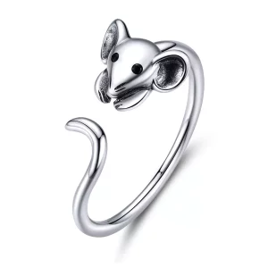 (imagen para) Anillo abierto de plata estilo Pandora con lindo ratón - SCR632