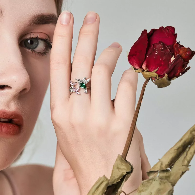 (imagen para) Anillo abierto de plata estilo Pandora con regalo de colibrí - BSR016 - Ver 2