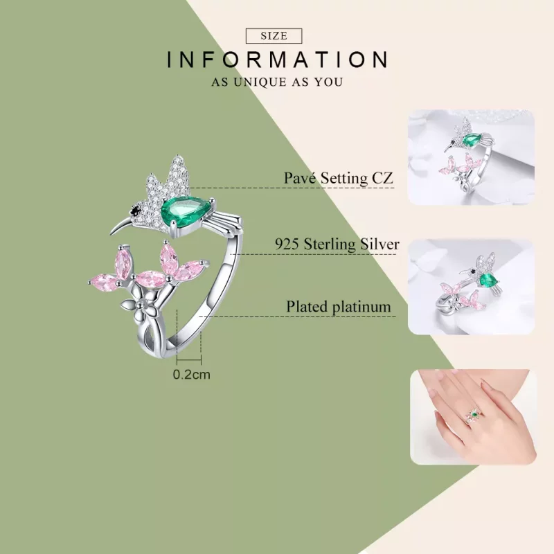 (imagen para) Anillo abierto de plata estilo Pandora con regalo de colibrí - BSR016 - Ver 7