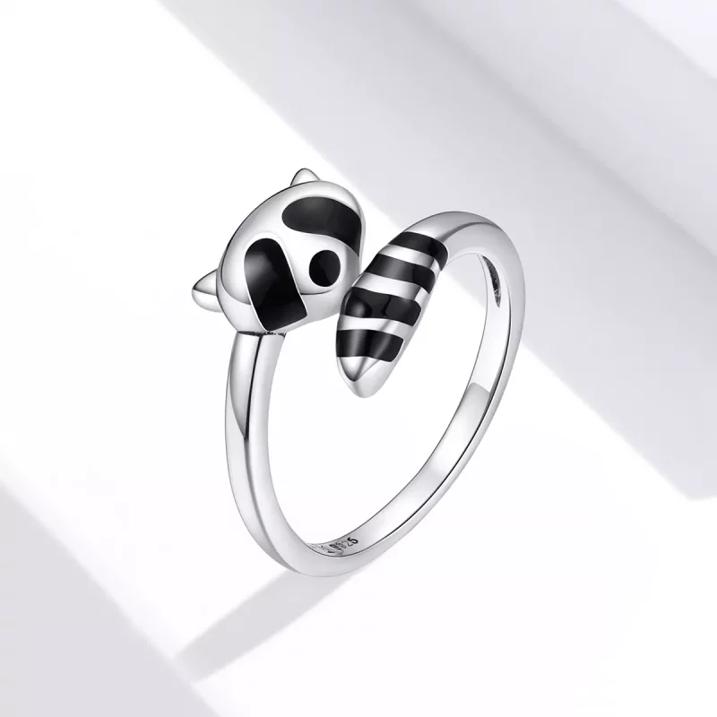 (imagen para) Anillo abierto de plata estilo Pandora con un lindo mapache - SCR652 - Ver 2