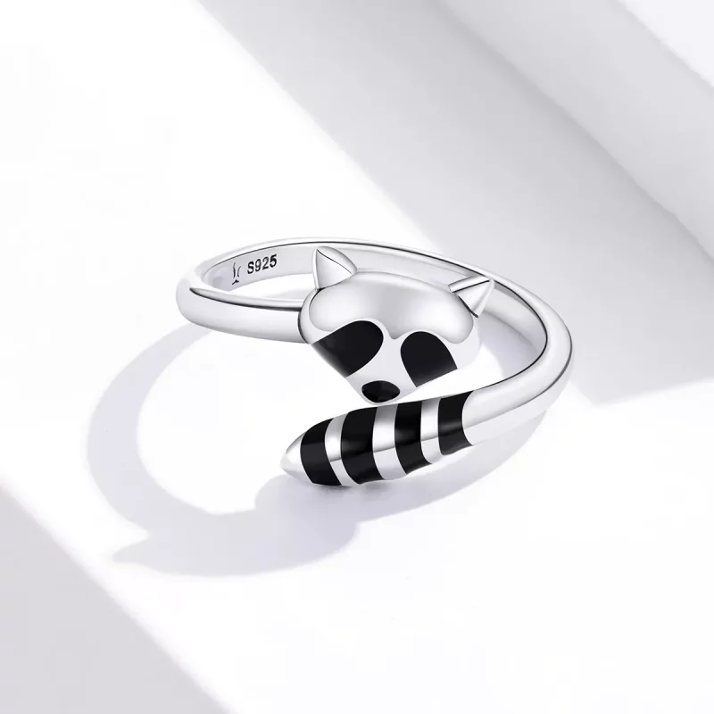 (imagen para) Anillo abierto de plata estilo Pandora con un lindo mapache - SCR652 - Ver 3