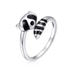 Anillo abierto de plata estilo Pandora con un lindo mapache - SCR652 (imagen para) Anillo abierto de plata estilo Pandora con un lindo mapache - SCR652