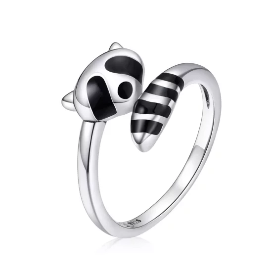 (imagen para) Anillo abierto de plata estilo Pandora con un lindo mapache - SCR652