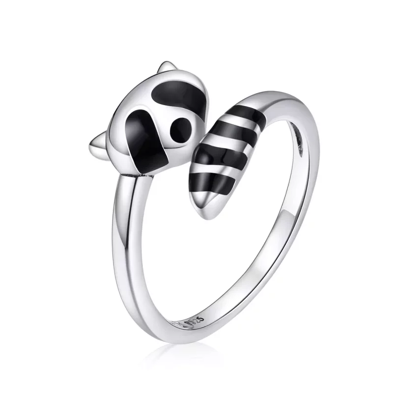 (imagen para) Anillo abierto de plata estilo Pandora con un lindo mapache - SCR652