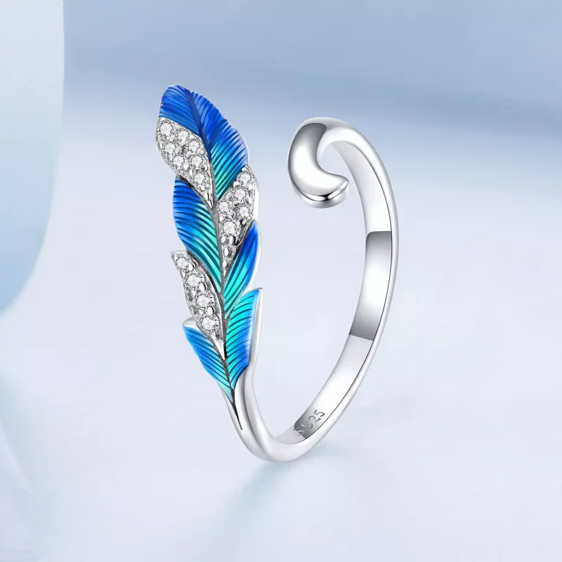 (imagen para) Anillo Abierto de Pluma Azul Deslumbrante al Estilo Pandora - BSR301 - Ver 2