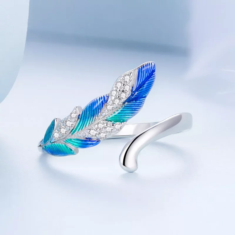 (imagen para) Anillo Abierto de Pluma Azul Deslumbrante al Estilo Pandora - BSR301 - Ver 3