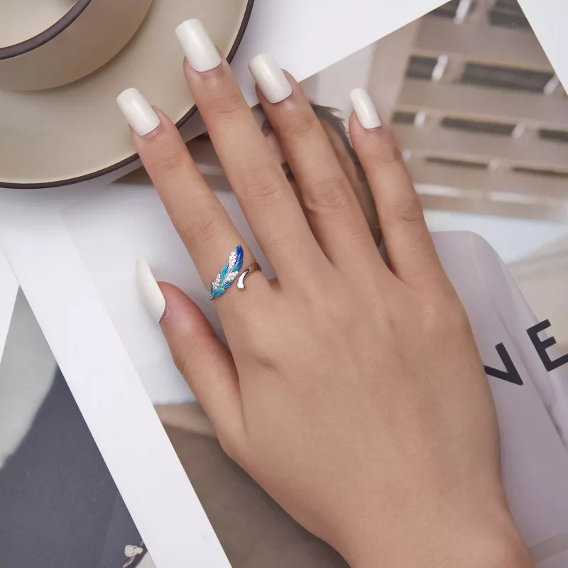 (imagen para) Anillo Abierto de Pluma Azul Deslumbrante al Estilo Pandora - BSR301 - Ver 5