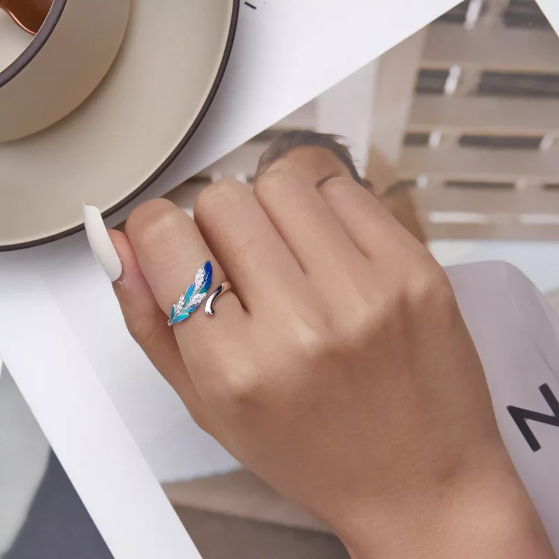 (imagen para) Anillo Abierto de Pluma Azul Deslumbrante al Estilo Pandora - BSR301 - Ver 6