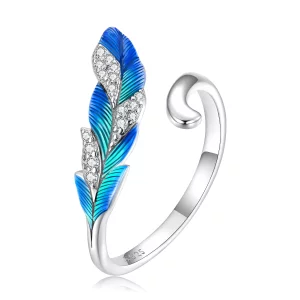 Anillo Abierto de Pluma Azul Deslumbrante al Estilo Pandora - BSR301 (imagen para) Anillo Abierto de Pluma Azul Deslumbrante al Estilo Pandora - BSR301