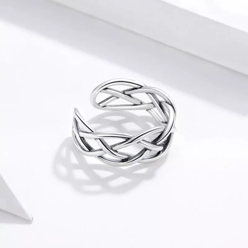 (imagen para) Anillo abierto de textura tejida de plata estilo Pandora - SCR675 - Ver 2