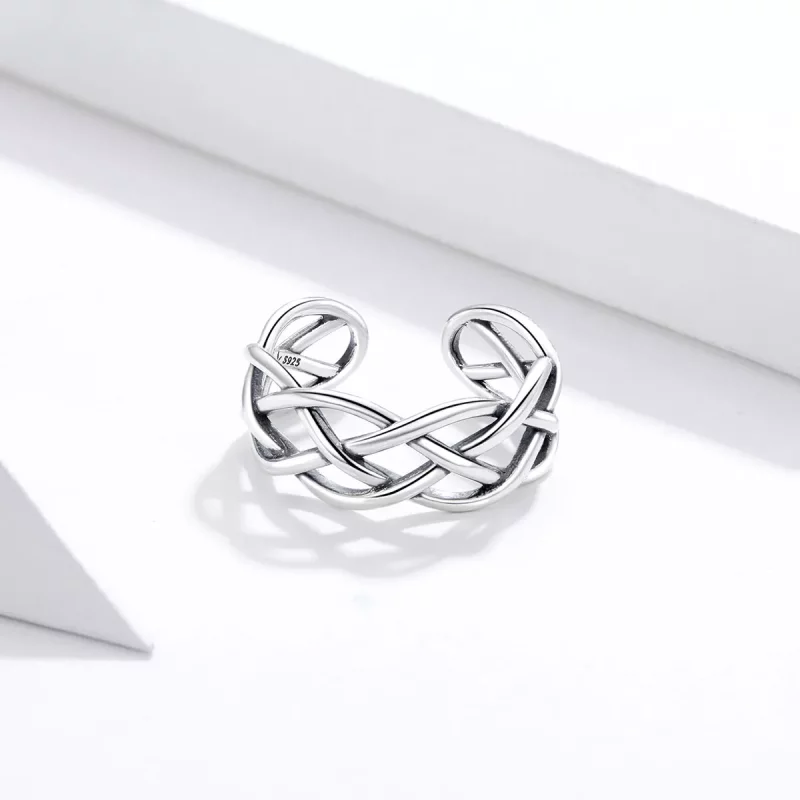 (imagen para) Anillo abierto de textura tejida de plata estilo Pandora - SCR675 - Ver 4