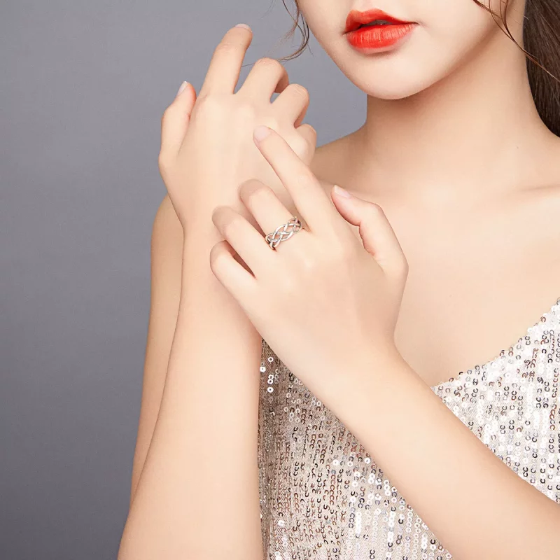 (imagen para) Anillo abierto de textura tejida de plata estilo Pandora - SCR675 - Ver 6