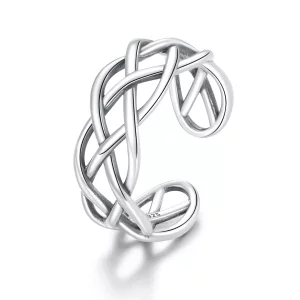 (imagen para) Anillo abierto de textura tejida de plata estilo Pandora - SCR675