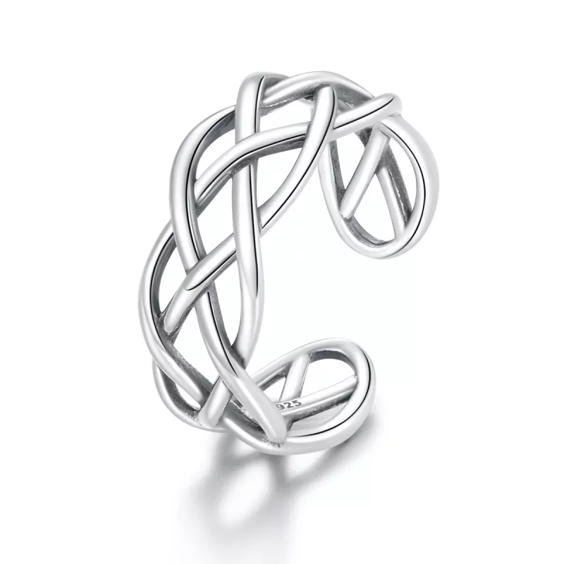 (imagen para) Anillo abierto de textura tejida de plata estilo Pandora - SCR675