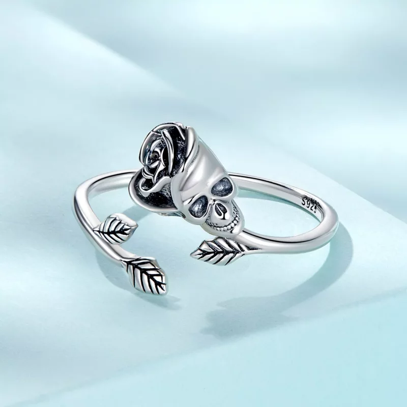 (imagen para) Anillo abierto estilo Pandora con calavera y rosa - SCR879 - Ver 3