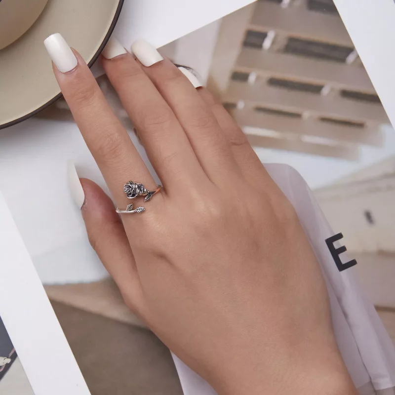 (imagen para) Anillo abierto estilo Pandora con calavera y rosa - SCR879 - Ver 5