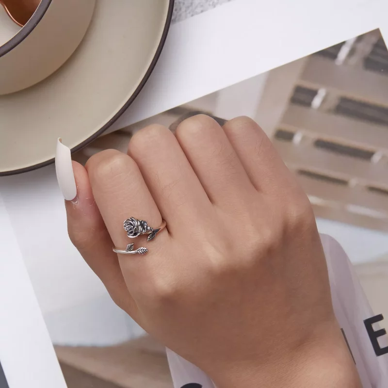 (imagen para) Anillo abierto estilo Pandora con calavera y rosa - SCR879 - Ver 6