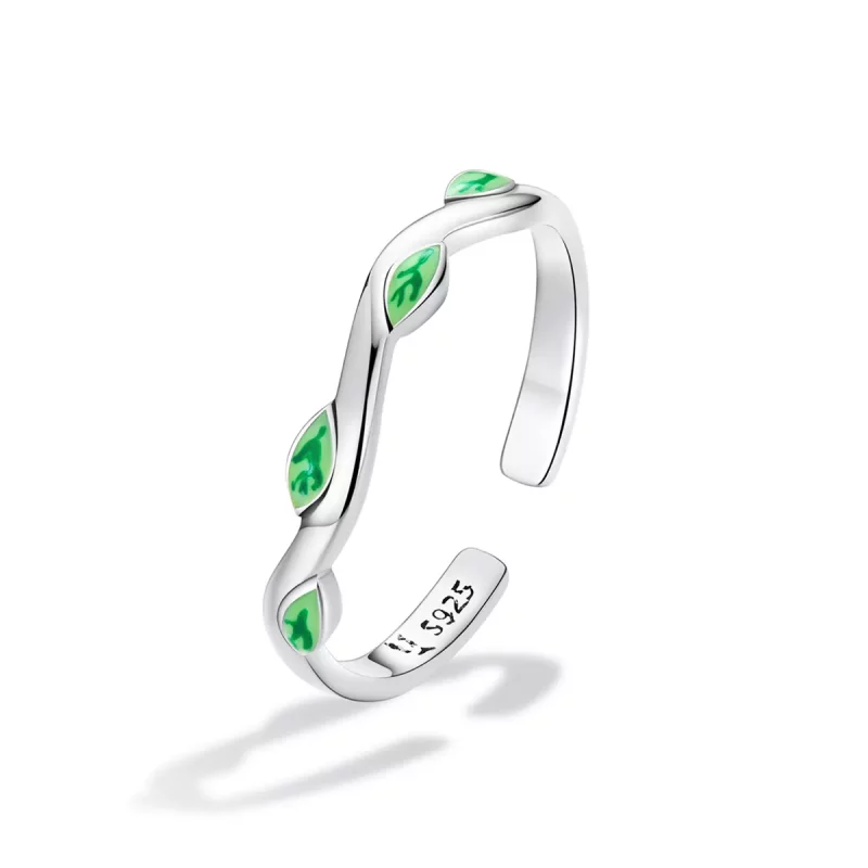 (imagen para) Anillo abierto estilo Pandora con hojas verdes - SCR808 - Ver 2
