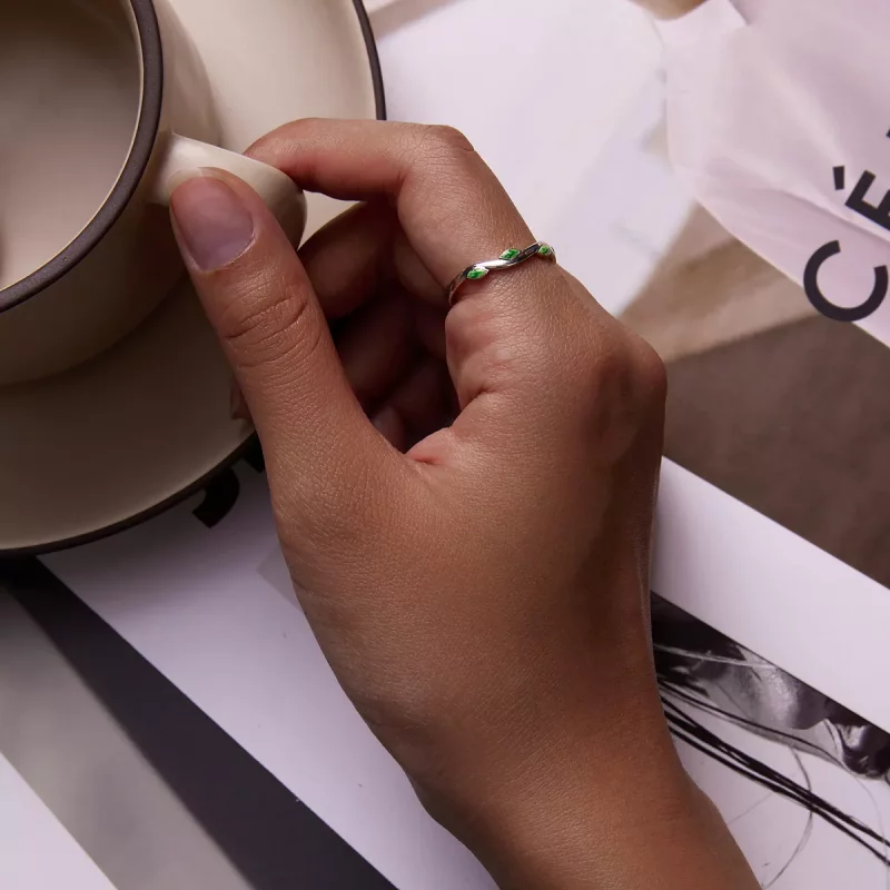 (imagen para) Anillo abierto estilo Pandora con hojas verdes - SCR808 - Ver 6