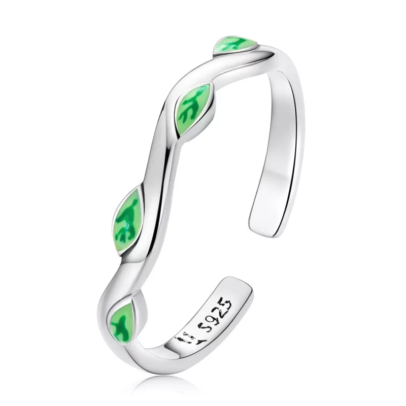 (imagen para) Anillo abierto estilo Pandora con hojas verdes - SCR808