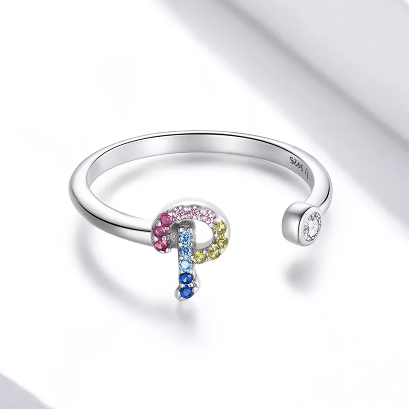 (imagen para) Anillo abierto estilo Pandora con letra "P" colorida - SCR723-P - Ver 3