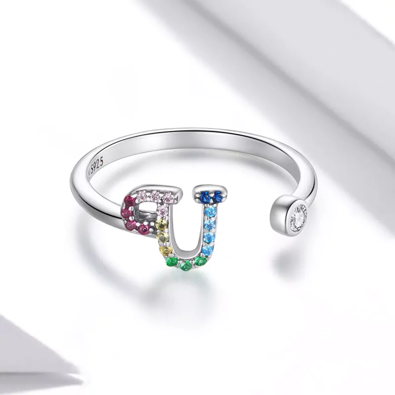 (imagen para) Anillo abierto estilo Pandora con letra U en colores vibrantes - SCR723-U - Ver 3
