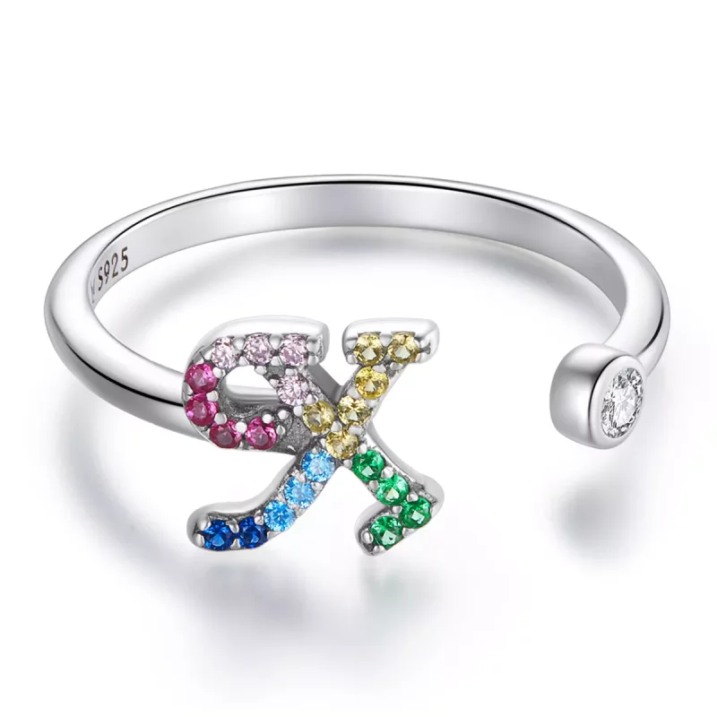 (imagen para) Anillo abierto estilo Pandora con letra "X" colorida - SCR723-X