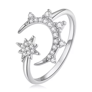 (imagen para) Anillo abierto estilo Pandora con luna y estrellas - BSR300
