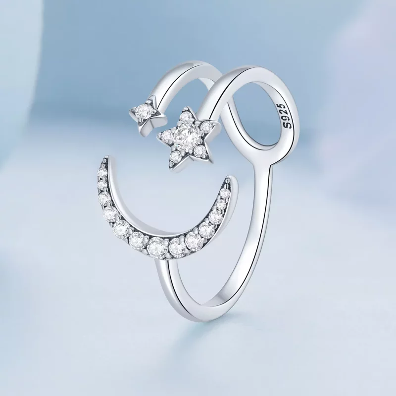 (imagen para) Anillo abierto estilo Pandora con luna y estrellas - BSR305 - Ver 2